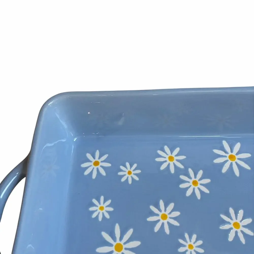 10 Strawberry Street Daisy Rectangular Baker 12x8 Blue Polka Dot NEW